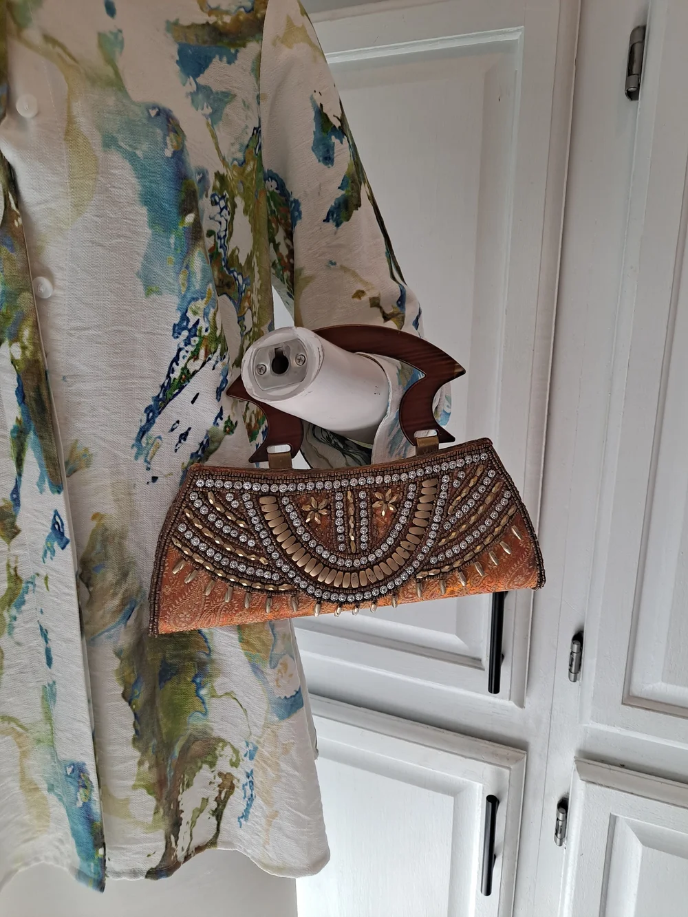 Vintage Beaded Silk Like Orange Evening Clutch Art Deco Wooden Handle Boho Bag